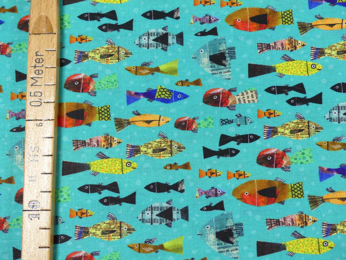 Patchworkstoff  Fische bunt aqua